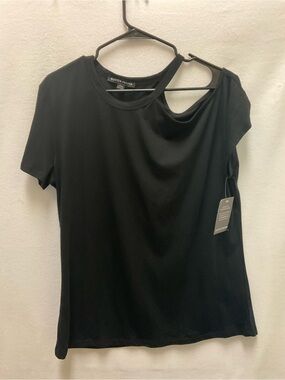 Boston Proper Black Short Sleeve Top with Asymmetric Shoulder Cutout